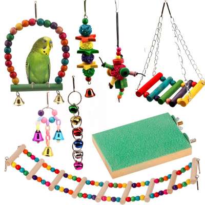 2020 8PCS/Set Combination Parrot Toy Bird Articles Parrot Bite Toy Bird Toys Parrot Funny Swing Ball Bell Standing Training Toys